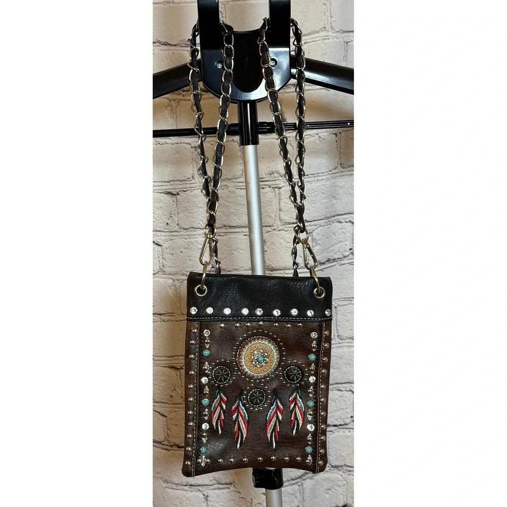 Western Dreamcatcher Embroidered Crossbody Bag Brown Black‎ Studded Rhinestone